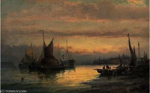 Unloading the day's catch at dusk; and hay barges and a steamer anchored off the beach at dusk