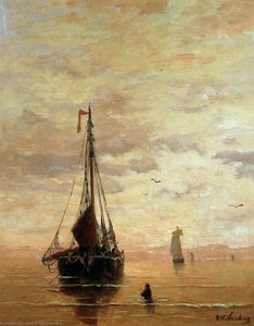 Ships On A Calm Sea Near The Coast Sun — ヘンドリック・ウィレム・メスダグ
