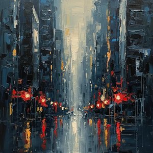 Monolithic Midnight: A Fragmented Urban Canyon In Gold And Crimson Impasto — Christian Noiret, Contemporary Abstract