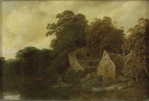 River Scene With A Cottage And Boat — Cornelius Decker