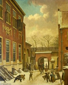 A Winter Scene With Schoolchildren Snowballing