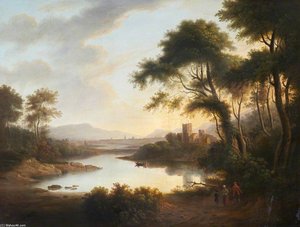 A Rocky Wooded Landscape, With Ruined Castle Beside A Loch — Alexander Nasmyth
