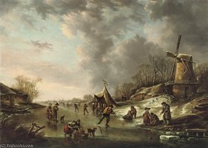 A Winter Landscape With Figures Skating On A Frozen River — Andries Vermeulen, Dutch Golden Age