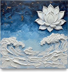 Celestial Lotus Amidst Midnight Indigo Waves With Gilded Impasto Textures — David Moreau, Contemporary Abstract