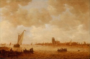 Vue de Dordrecht avec la Grote Kerk de l'autre côté de la Meuse