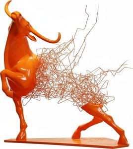 Dynamic Orange Bull Sculpture - Glass Fiber Resin, Modernism