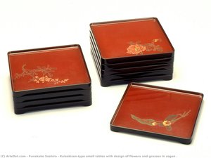 Kaisekizen-type Small Tables With Design Of Flowers And Grasses In Zogan . — Funakake Soshiro