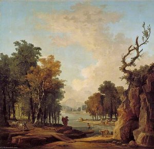 Wooded River Landscape With A Traveller, A Barking Dog, A Horseman, And Women Washing At An Islet — Hubert Robert, 18th-century Romanticism