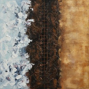 Fractured Umber Lattice Amidst Frozen Pale Blue Impasto — David Moreau, Contemporary Abstract