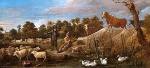 Landscape With Two Shepherds, Cattle And Ducks — 다비트 테니어스 (주니어), Baroque Flemish