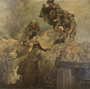 First World War Stretcher Bearers Of The Royal Army Medical Corps (ramc) Lifting A Wounded Man Out Of A Trench — Gilbert Rogers, Impressionism
