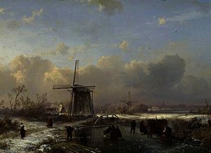 Winterlandschaft Mit Einem Zugefrorenem Kanal Und Figuren
