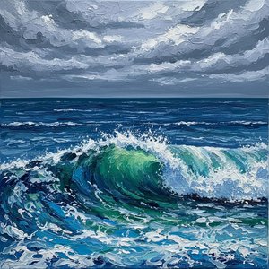 Turbulent Emerald Crests Amidst The Somber Majesty Of A Monochromatic Sea — Christian Noiret, Contemporary Abstract