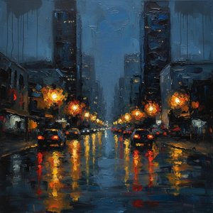 Midnight Echoes In Amber: A Solitary Impression Of Urban Rain And Light — Christian Noiret, Contemporary Abstract