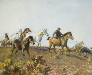 'shrimp' Leading Ponies Across A Norfolk Common — Alfred James Munnings, Impressionistic Landscape