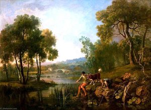 Landscape With Two Boys And A Dog By A River — George Barret Sr.