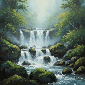 Ethereal Descent: A Singular Vision Of Cascading Mist And Verdant Stone — Laurent Blanc, Digital Art