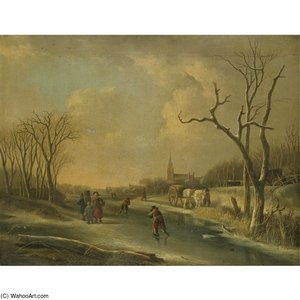 A Winter Landscape With Skaters On A Frozen River, Together With A Family Of Faggot Gatherers