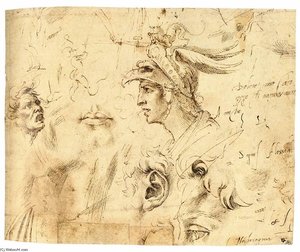 Gepantserde Kop Van Een Jongeman, En Andere Studies (recto) — Michelangelo Buonarroti, Italiaanse Renaissance