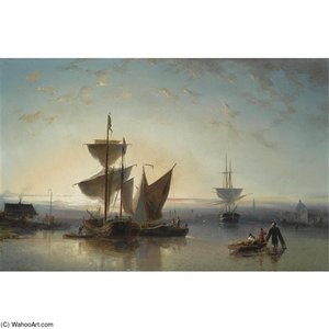 Moored Sailing Vessels, A Town In The Background