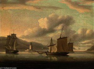 A Royal Naval Frigate Towing A Lugger Past The Belem Tower With The Fleet Standing Out To Sea — Thomas Buttersworth