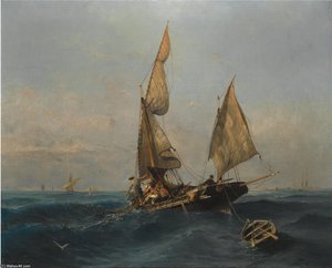 Fishing Boat In Choppy Waters — Konstantinos Volanakis, Seascape Painting