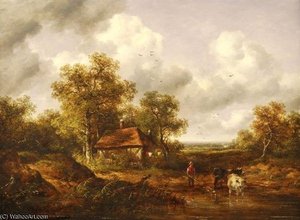 A Wooded Landscape With Cattle At A Pond — Richard Hilder, Romanticism