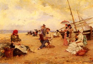 The artist sketching on a beach