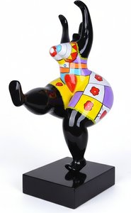 Dynamic Black Resin Lady Sculpture With Colorful Accents, Abstract Expressionism