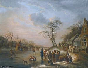 A Winter Landscape With Figures Seated Outside A Tavern On The Frozen River