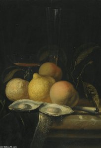 A Still Life With Oysters, Peoches And Lemon On A Marble Table With A Fringed Carpet And Glasses — Юриаен Ван Стрeек