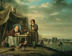 Winter Landscape With Figures Drinking By A Frozen River