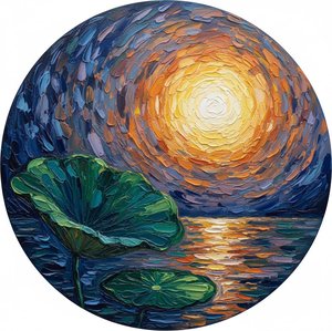 Luminous Golden Solar Majesty Amidst Emerald Ripples In A Singular Tondo Composition — David Moreau, Plaster & Texture Art