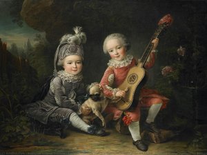 Les Portraits De Mm. De Béthune Jouant Avec Un Chien (children Of The Marquis De Béthune Playing With A Dog) — François Hubert Drouais, Rococo