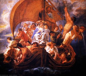 The Holy Family With Characters And Animals In A Boat — 야콥 요르당스, Baroque