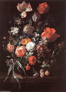 Still-life With Bouquet Of Flowers And Plums — Rachel Ruysch, Dutch Golden Age