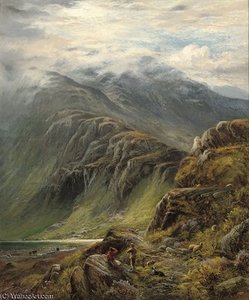 Highland Scene With Sheep And Figures In The Foreground
