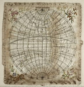 Embroidered Map On Linen Depicting The Voyages Of Captain James Cook In The Western Hemisphere — Elizabeth Batts Cook