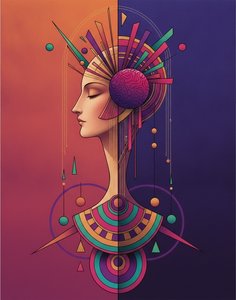 Fractured Halo Over A Bisected Profile In Indigo And Gold — Valentin Laurent De Courcey, Art Deco