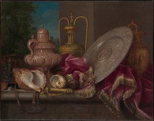 Still Life With Silver And Gold Plate, Shells, And A Sword — Meiffren Conte, Baroque