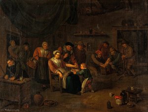 Interior of a surgery with a woman having blood let from the arm, a surgeon treating a man's injured foot, and other figures.