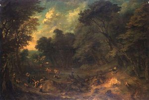 LISIERE DE FORET AVEC PAYSANS ET TROUPEAUX