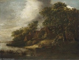 River Landscape With Fishing Boats — Cornelius Decker