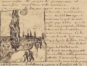 Road With Men Walking, Carriage, Cypress, Star, And Crescent Moon — Vincent Willem Van Gogh, Post-impressionism