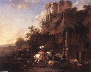 Rocky Landscape With Antique Ruins — Nicolaes Pietersz Berchem, Dutch Golden Age