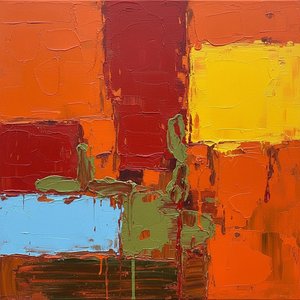 Monolithic Layers Of Crimson And Gold Amidst Fluiding Orange Tensions — Christian Noiret, Contemporary Abstract