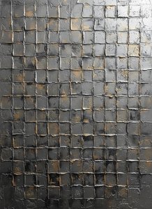 Monolithic Shadows: A Sculptural Study In Charcoal Relief And Metallic Grids — David Moreau, Plaster & Texture Art