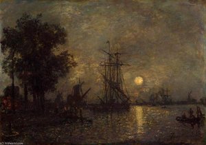 Holandaise Landscape With Docked Boat — Johan Barthold Jongkind