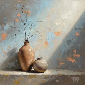 Ochre Vessels Under A Diagonal Beam Of Light — David Moreau, Plaster & Texture Art
