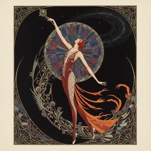 Crimson Figure Amidst A Radiant Geometric Halo — Valentin Laurent De Courcey, Art Deco